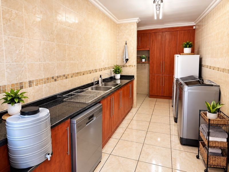 A well-maintained scullery featuring granite countertops, double stainless steel sink, extensive wooden cabinetry, and ceramic tiling throughout.