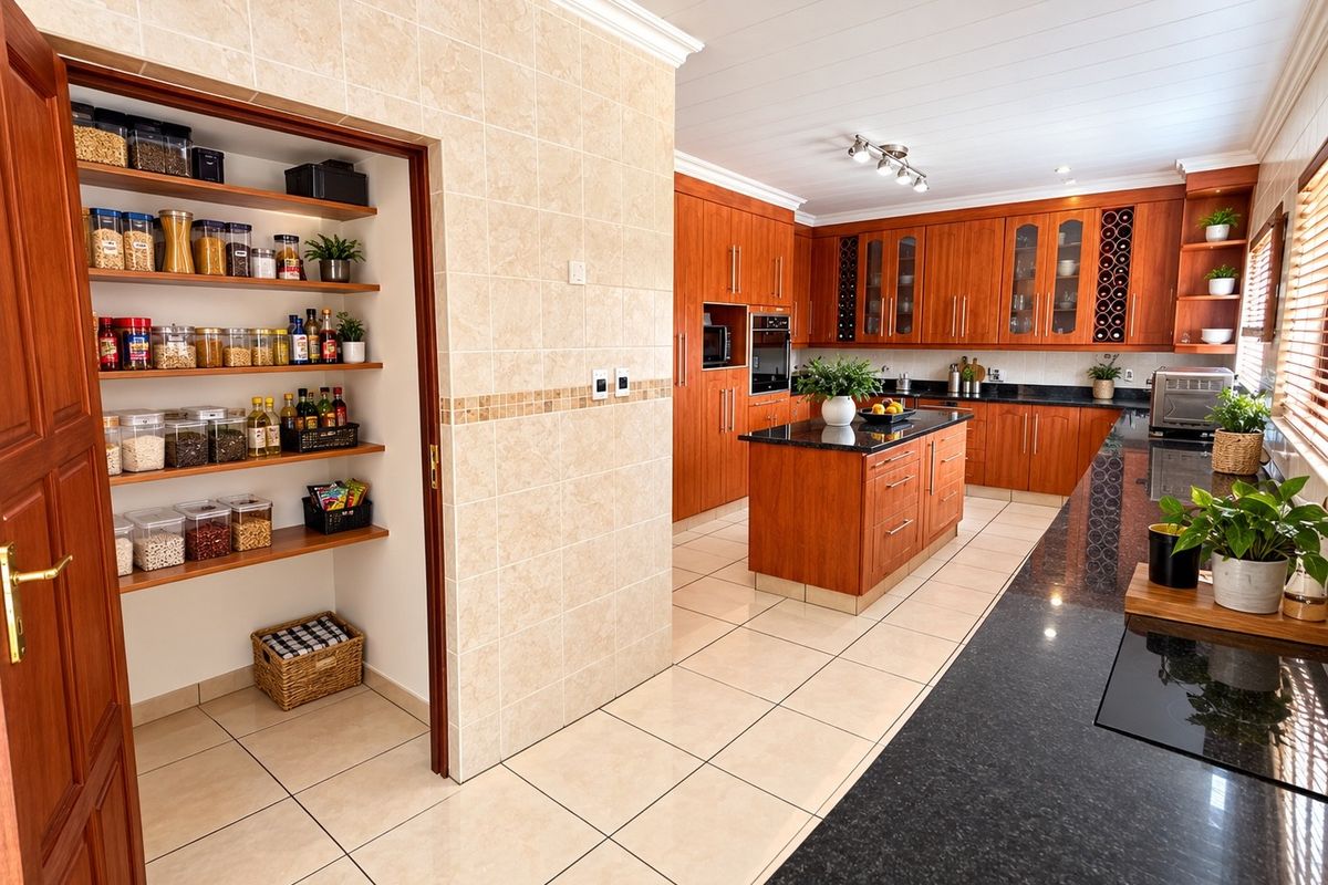 Spacious kitchen featuring warm wood cabinetry, granite countertops, a central island, and a convenient walk-in pantry with ample shelving.