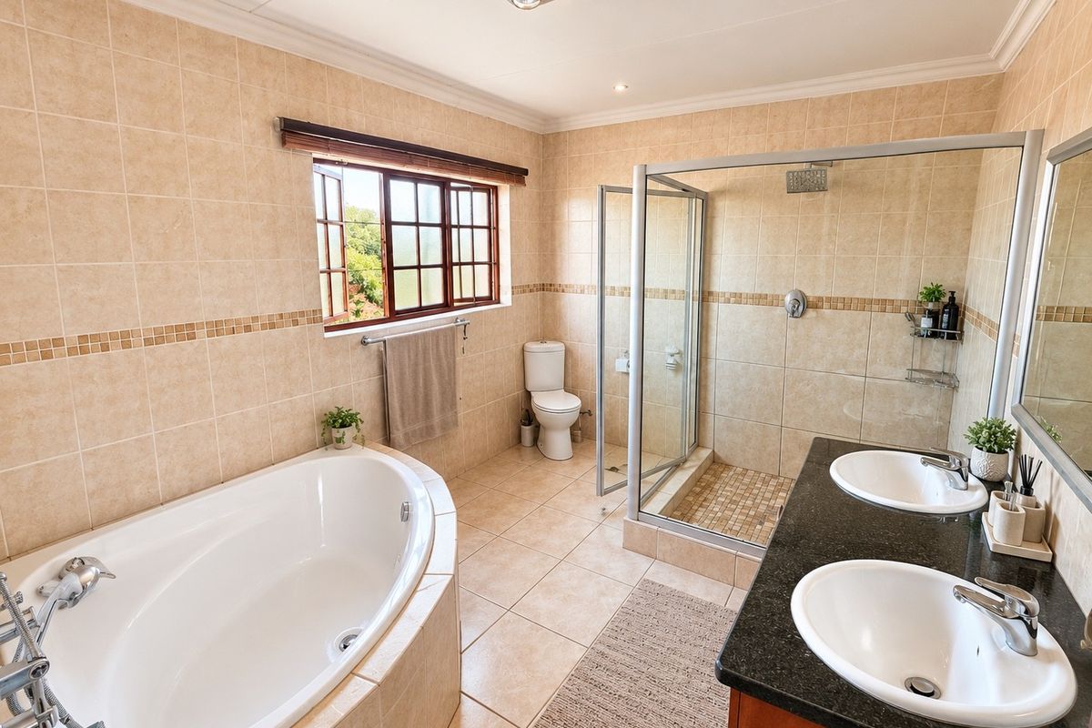 Spacious bathroom featuring a built-in corner bathtub, a glass-enclosed shower, and a double vanity with granite countertop and tiled finishes.