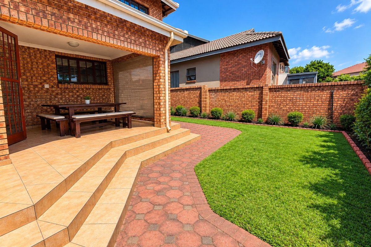 A well-maintained rear garden featuring a covered brick patio, tiled steps, paved walkway, and a neat lawn enclosed by a brick boundary wall.