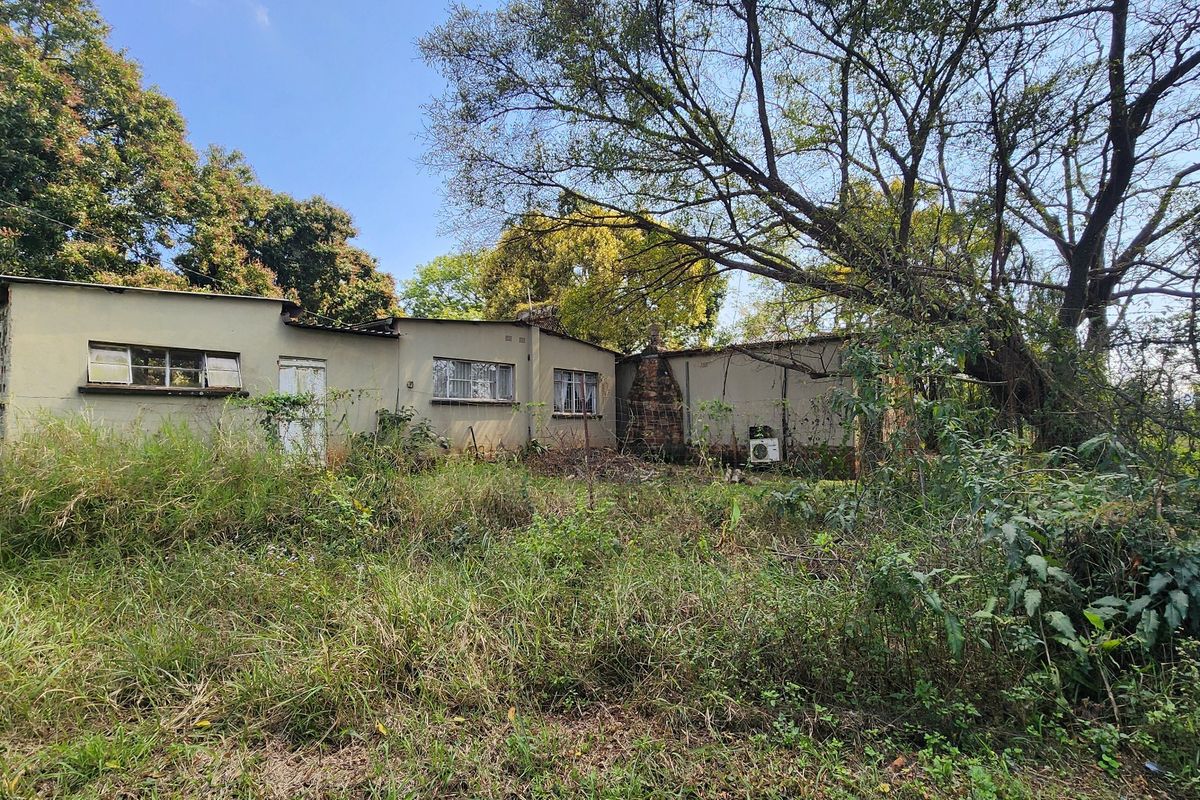 Rear view of a farm dwelling showing significant overgrowth and signs of structural wear, including a brick chimney and external air conditioning unit.