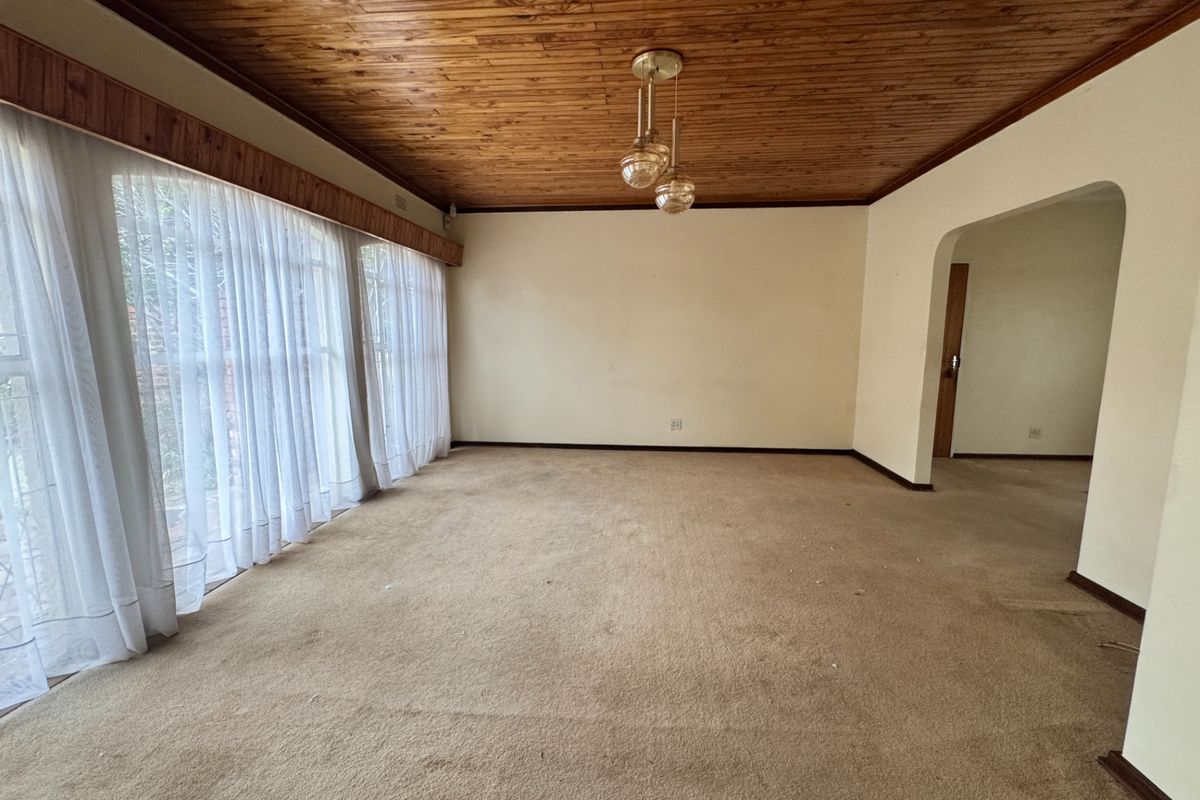 Spacious living room featuring a warm timber tongue and groove ceiling, neutral walls, and large windows, offering a blank canvas for interior design.
