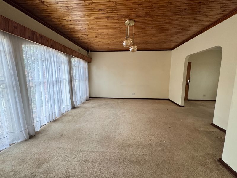 Spacious living room featuring a warm timber tongue and groove ceiling, neutral walls, and large windows, offering a blank canvas for interior design.