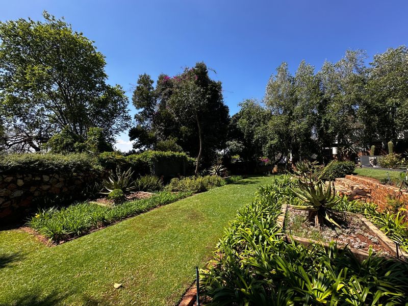 A well-maintained garden featuring lush green lawn, established trees, and stone-edged landscaped beds.