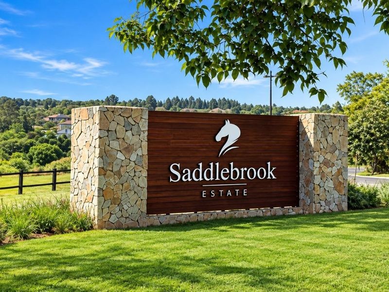 The entrance signage for Saddlebrook Estate, featuring stone masonry and timber detailing set within a well-maintained landscaped environment.
