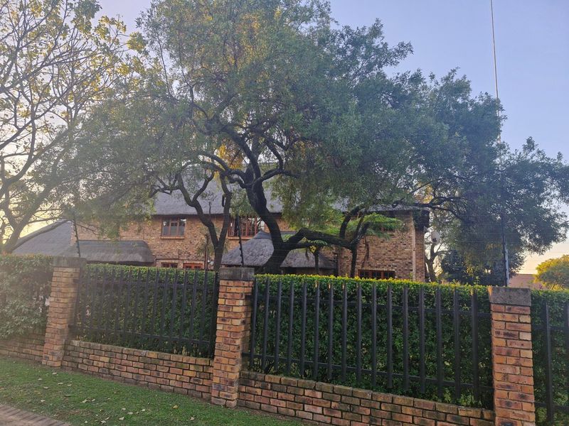 Front view of a face brick residence featuring a traditional thatched roof, secured by a brick and metal perimeter fence with mature landscaping.