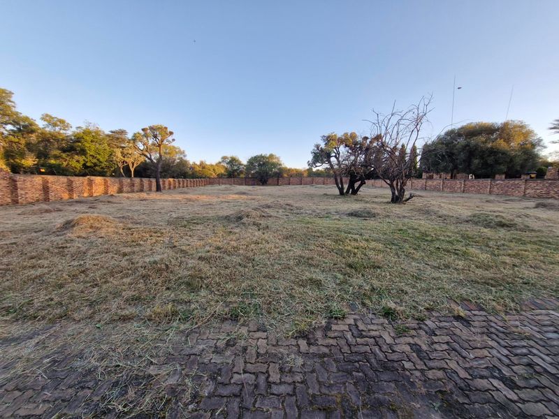 A spacious, level residential plot featuring a brick perimeter wall and established trees, offering a blank canvas for future development.