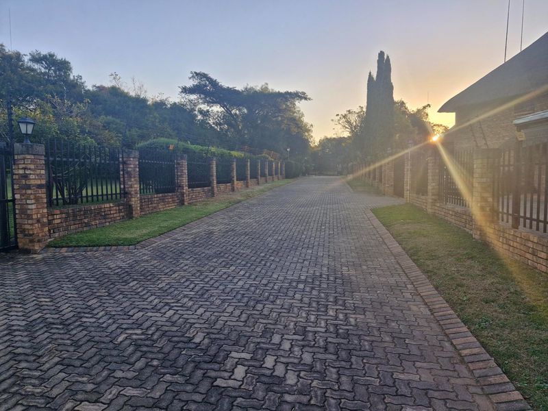 A paved driveway leading towards a residential property, featuring brick boundary walls and metal security fencing under a sunset sky.