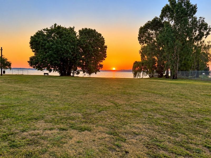 A scenic view of a sunset over the water, featuring a large open lawn area and mature trees.