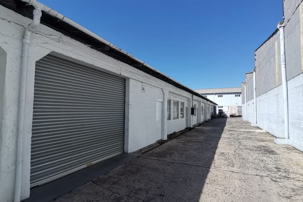 Exterior view of an industrial warehouse unit featuring a roller shutter door, concrete driveway, and functional guttering system.