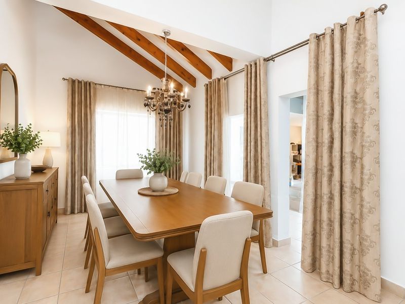 A bright dining room featuring a vaulted ceiling with exposed timber beams, tiled flooring, and large windows dressed with floor-to-ceiling curtains.