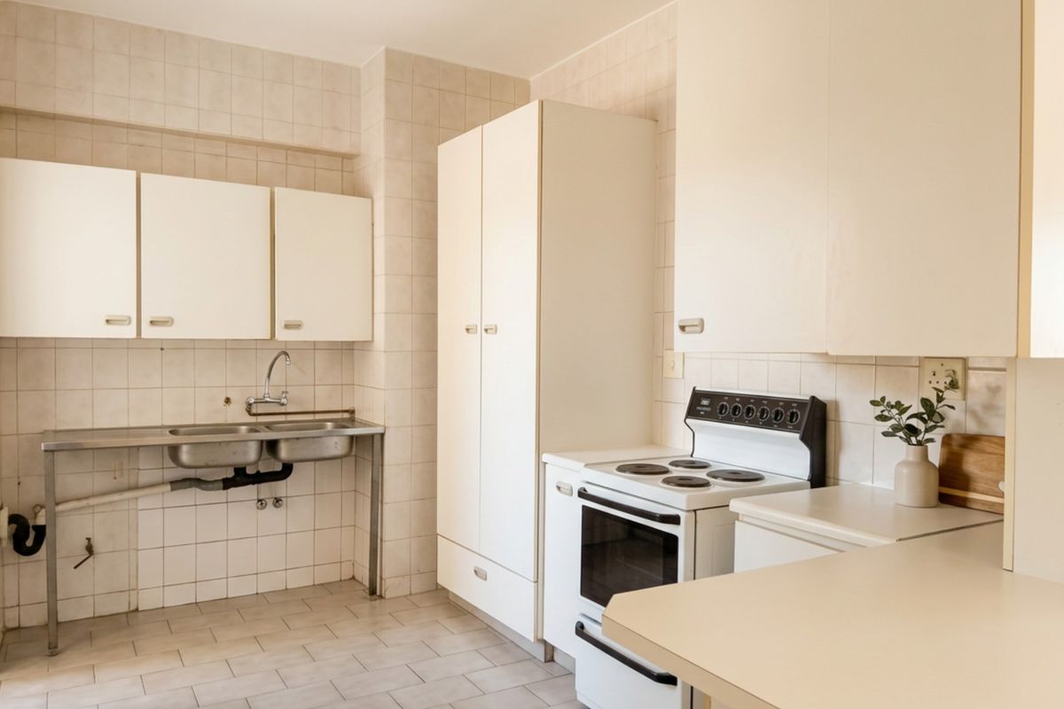 A functional kitchen featuring tiled walls and flooring, built-in cabinetry, and a stainless steel double sink with an electric stove.