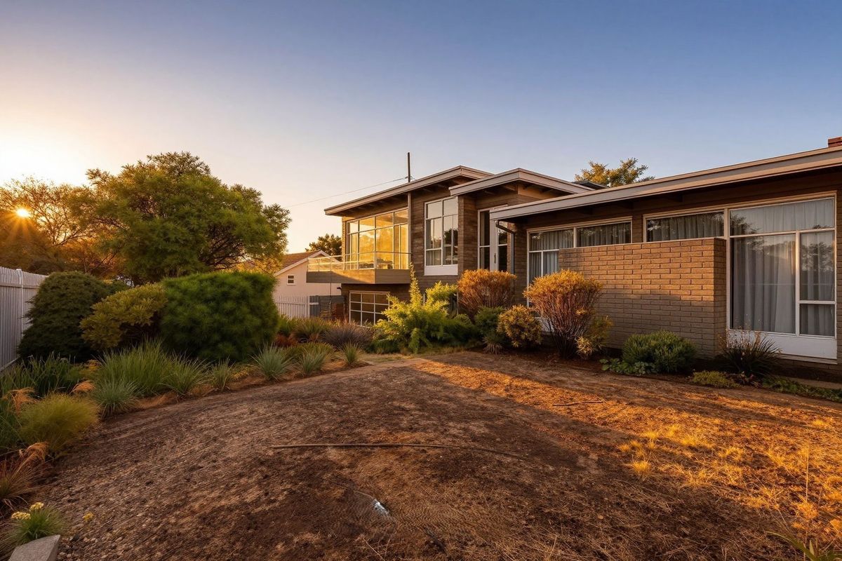 Rear view of a modern brick house featuring large windows, an elevated balcony, and a landscaped garden at sunset.