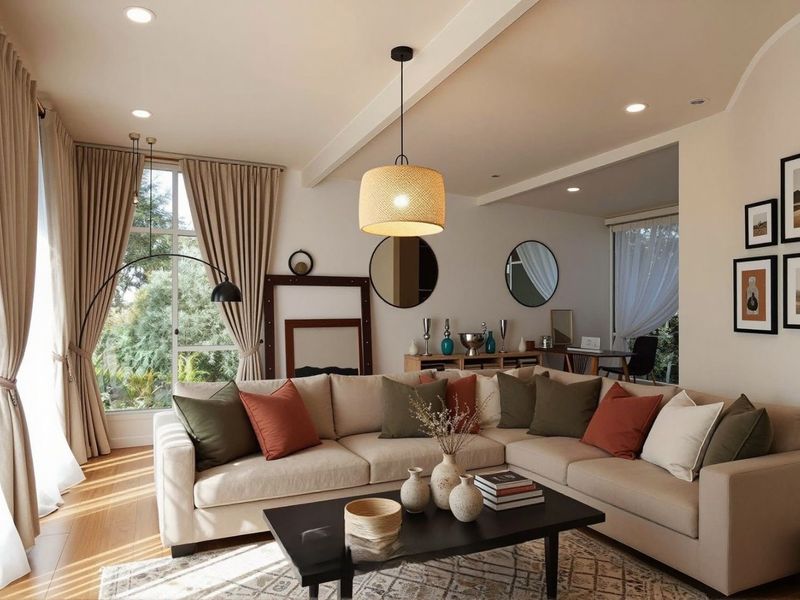 A bright and well-maintained living room featuring large windows, recessed downlighting, and warm hardwood flooring, creating a comfortable and inviting atmosphere.