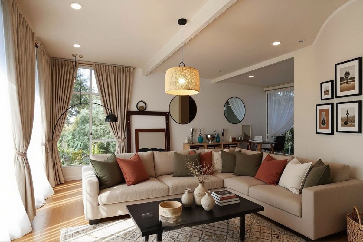 A bright and well-maintained living room featuring large windows, recessed downlighting, and warm hardwood flooring, creating a comfortable and inviting atmosphere.