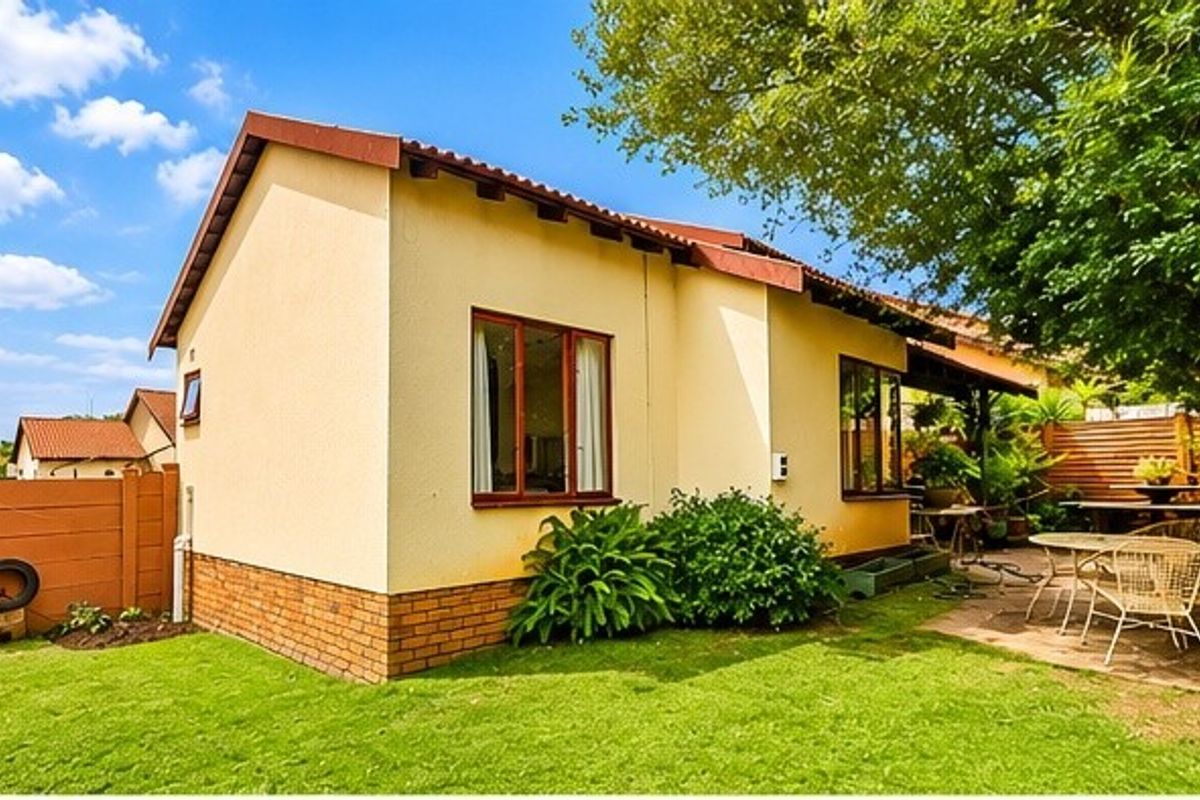 Rear view of the townhouse featuring a private garden, paved patio area, and established landscaping with timber-framed windows and a tiled roof.