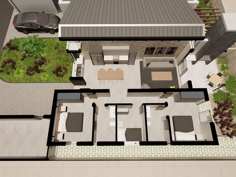 A 3D floor plan rendering showing an open-plan living and kitchen area, two bedrooms, two bathrooms, a garage, and outdoor garden space.