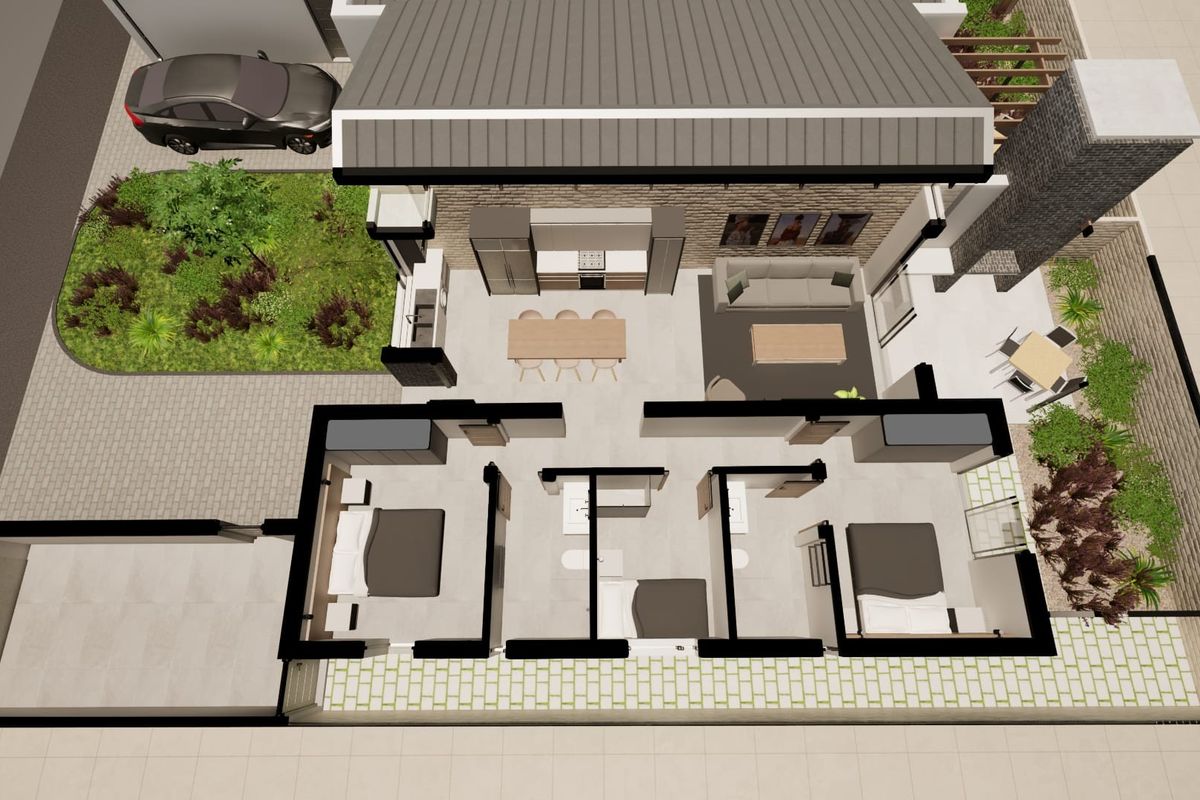 A 3D floor plan rendering showing an open-plan living and kitchen area, two bedrooms, two bathrooms, a garage, and outdoor garden space.