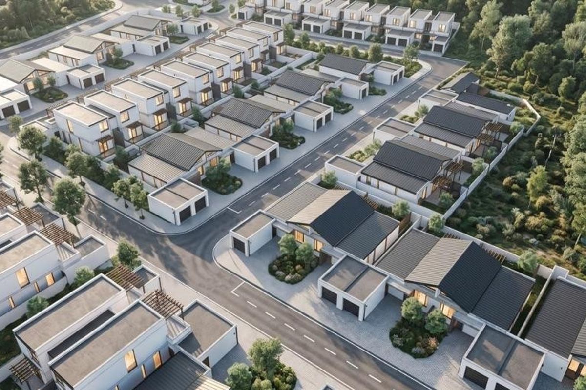 An aerial view of a modern residential estate featuring uniform housing units, paved streets, and landscaped surroundings.
