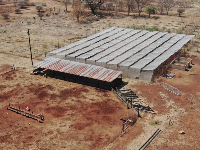 Aerial view of farm infrastructure featuring a large shade netting structure, livestock pens, feeding troughs, and a shed with a corrugated metal roof.