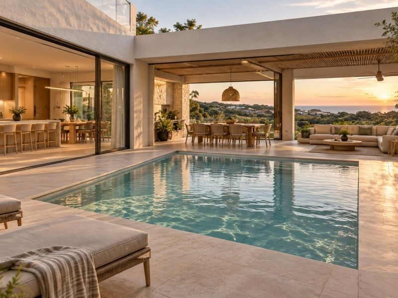 Luxury outdoor pool area featuring a stone patio, covered terrace with fireplace, and seamless transition to the open-plan interior living and kitchen space.