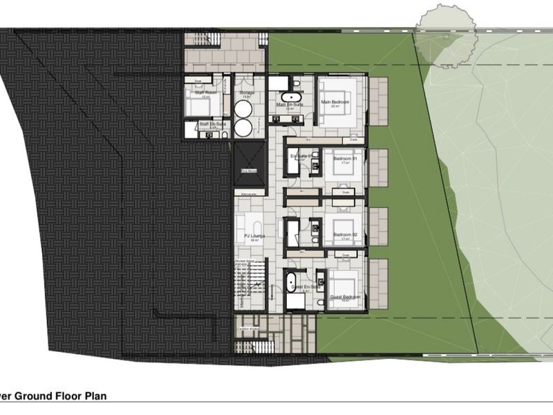 Architectural floor plan showing the layout of the lower ground floor, including multiple bedrooms with en-suite bathrooms, a PJ lounge, and staff quarters.