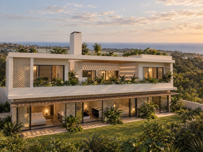A modern luxury residence featuring stone cladding, expansive sliding glass doors, a rooftop terrace, and a scenic coastal view.