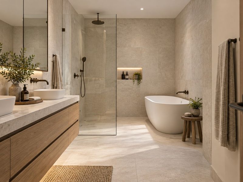 Modern luxury bathroom featuring a double vanity with vessel sinks, a spacious walk-in shower, and a sleek freestanding bathtub with high-end stone finishes.