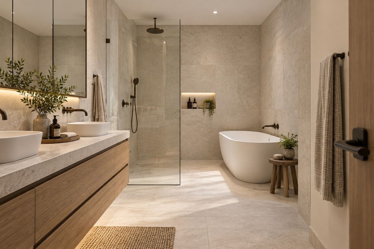 Modern luxury bathroom featuring a double vanity with vessel sinks, a spacious walk-in shower, and a sleek freestanding bathtub with high-end stone finishes.