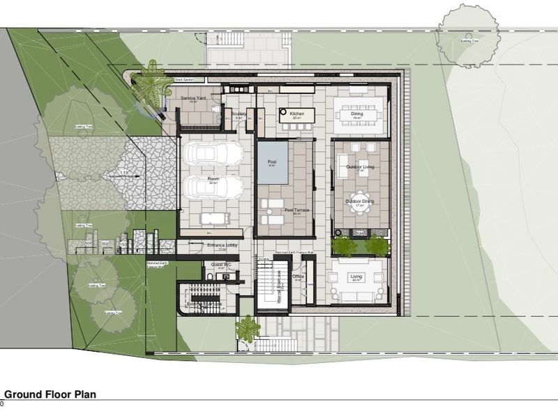 A detailed ground floor architectural plan showing the layout of the residence, including living areas, kitchen, pool, and outdoor spaces.