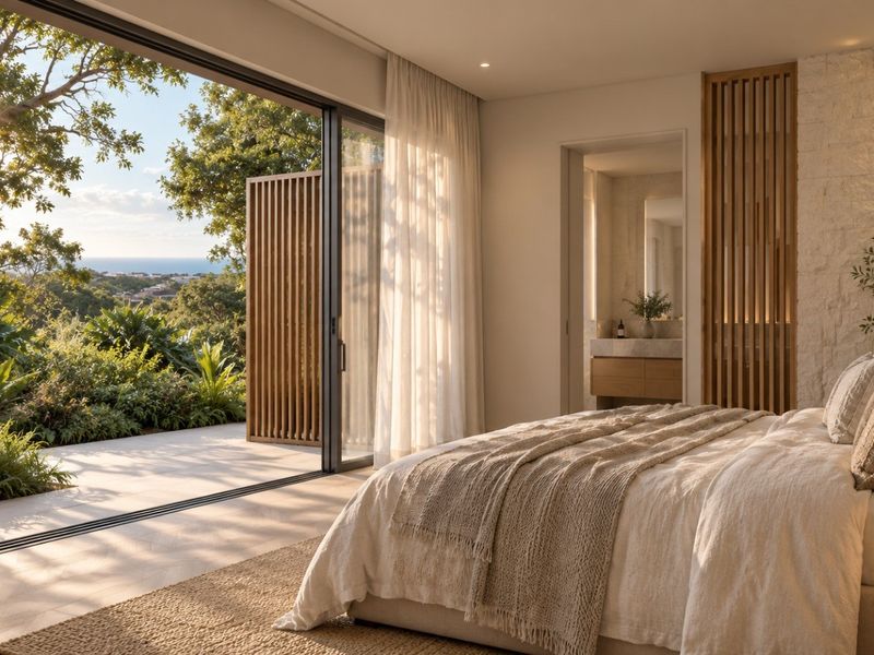 Luxurious bedroom featuring floor-to-ceiling sliding glass doors opening to a private patio with scenic views, stone accent wall, and integrated en-suite bathroom.