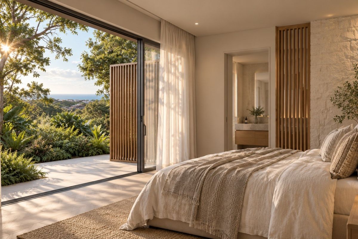Luxurious bedroom featuring floor-to-ceiling sliding glass doors opening to a private patio with scenic views, stone accent wall, and integrated en-suite bathroom.