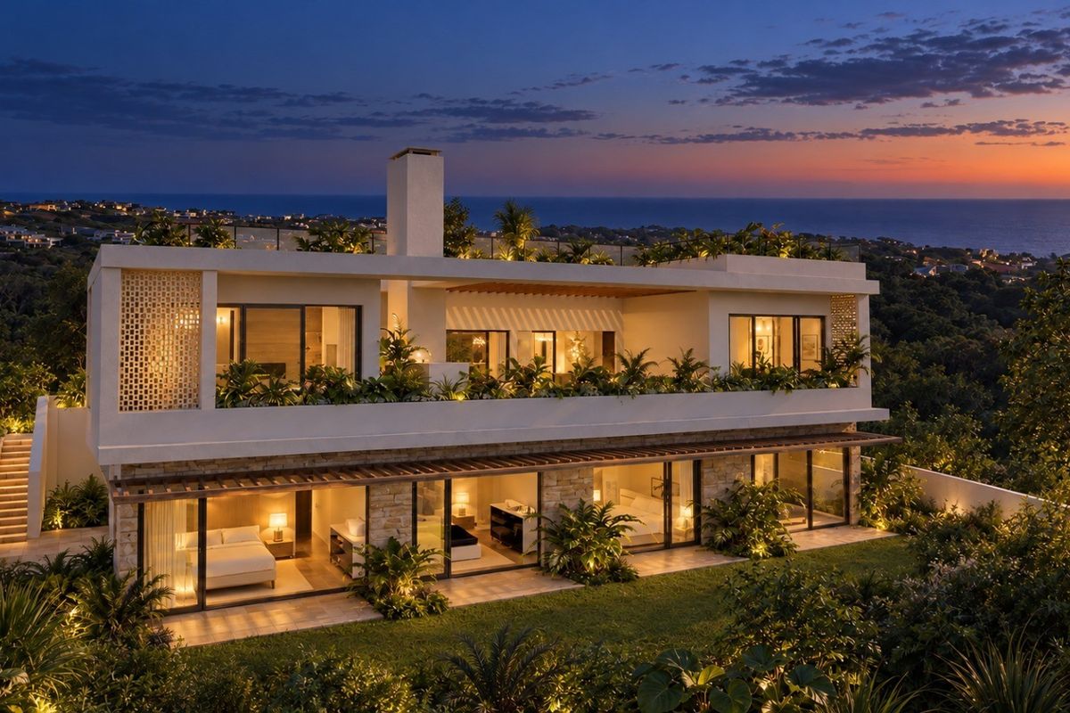 A stunning modern multi-level residence featuring expansive glass sliding doors, stone accents, a rooftop terrace, and beautifully landscaped gardens at twilight.