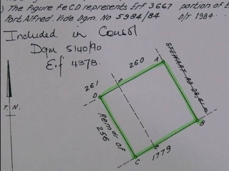 A hand-annotated survey diagram showing the boundary dimensions and legal description of the residential erf.