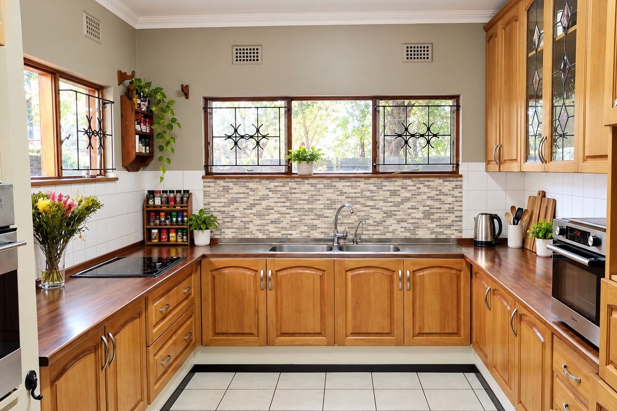 A well-maintained U-shaped kitchen featuring warm wooden cabinetry, dark laminate countertops, a double stainless steel sink, and integrated cooking appliances.