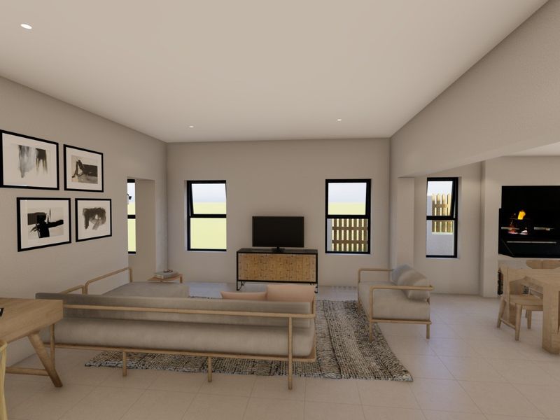 Spacious open-plan living and dining area featuring modern tiled flooring, recessed lighting, and a built-in fireplace, creating a bright and inviting atmosphere.