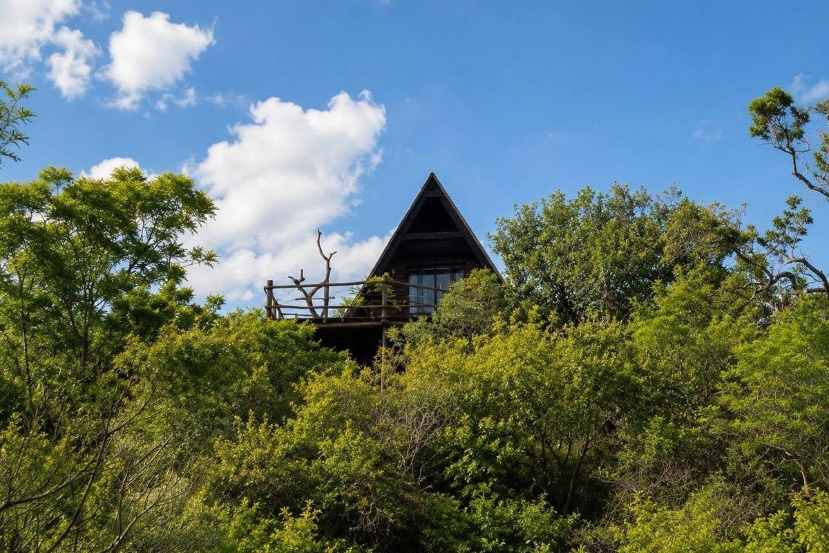 A scenic view of an A-frame timber house nestled among lush trees, featuring a wooden balcony and large glass doors.