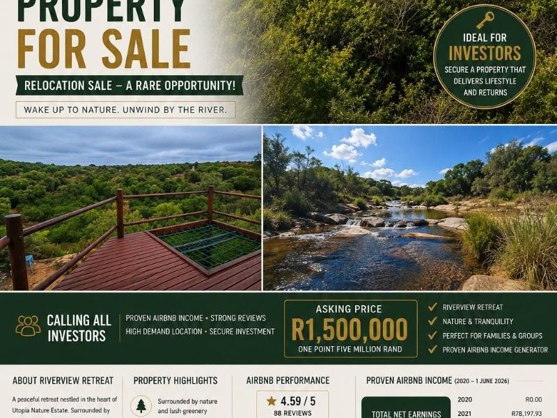 A promotional marketing flyer for a property listing featuring exterior views of a cabin and river setting.