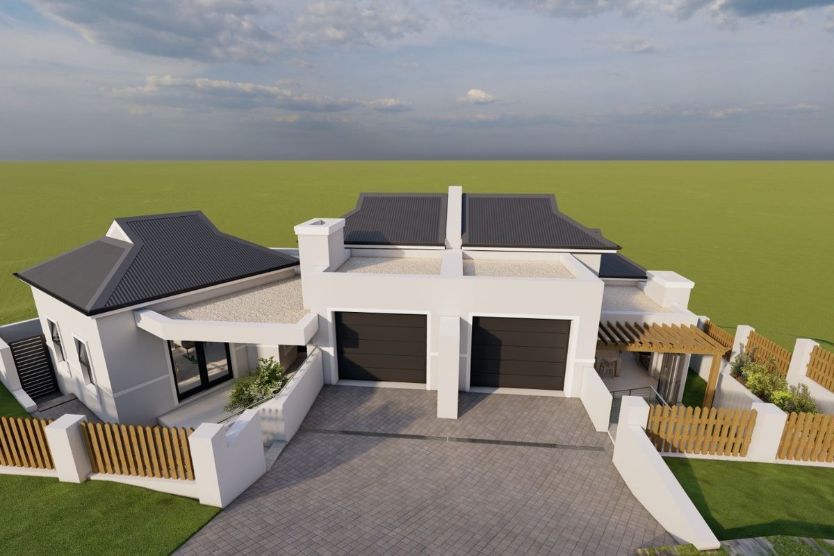 An aerial view of a modern residential property featuring a double garage, paved driveway, timber fencing, and a pergola.