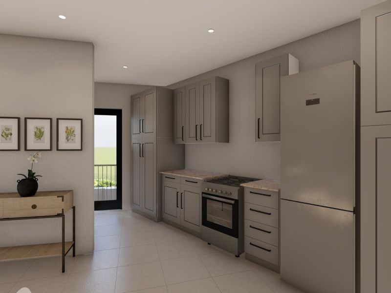 Modern kitchen featuring grey cabinetry, stone countertops, integrated oven and gas stove, with tiled flooring and recessed lighting.
