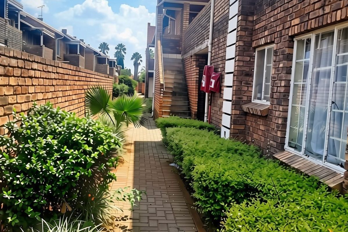 A view of the apartment complex exterior featuring a paved walkway, face brick walls, and an external staircase leading to upper levels.
