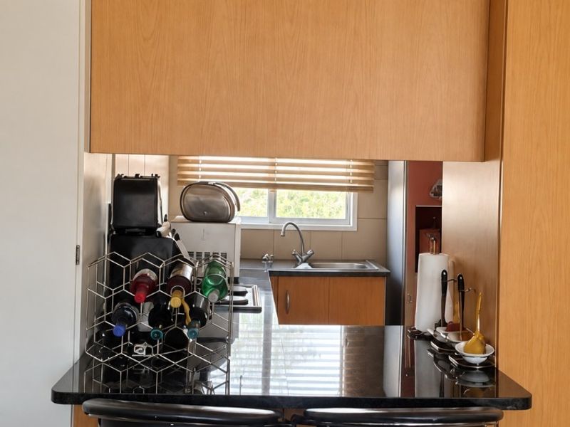 Compact kitchen featuring wood-finish cabinetry, a black granite breakfast bar, and a stainless steel sink with a window view.