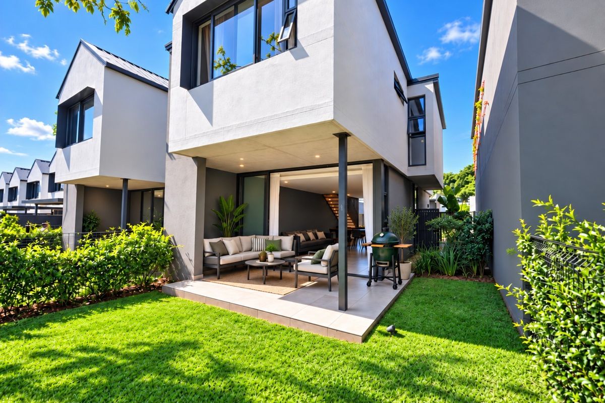A modern townhouse rear elevation featuring a covered tiled patio, seamless indoor-outdoor flow through sliding doors, and a well-maintained private garden.