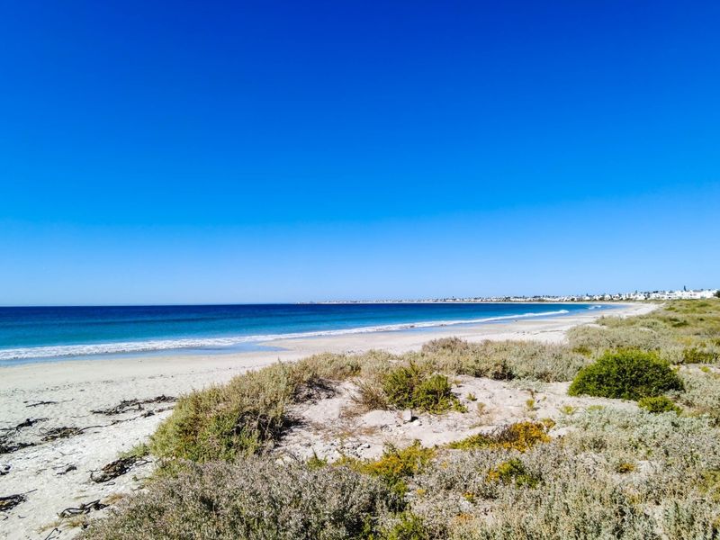 A scenic coastal view featuring a sandy beach, dunes, and clear blue ocean waters under a bright sky.