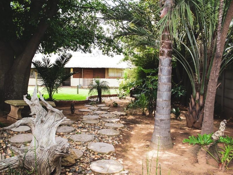 A lush, landscaped garden featuring a stone pathway, mature trees, and palm trees leading toward the guest house exterior.