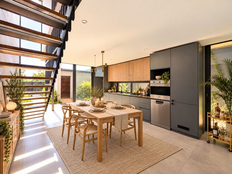 Modern open-plan kitchen and dining area featuring sleek cabinetry, integrated appliances, and a striking staircase, opening onto a bright outdoor space.