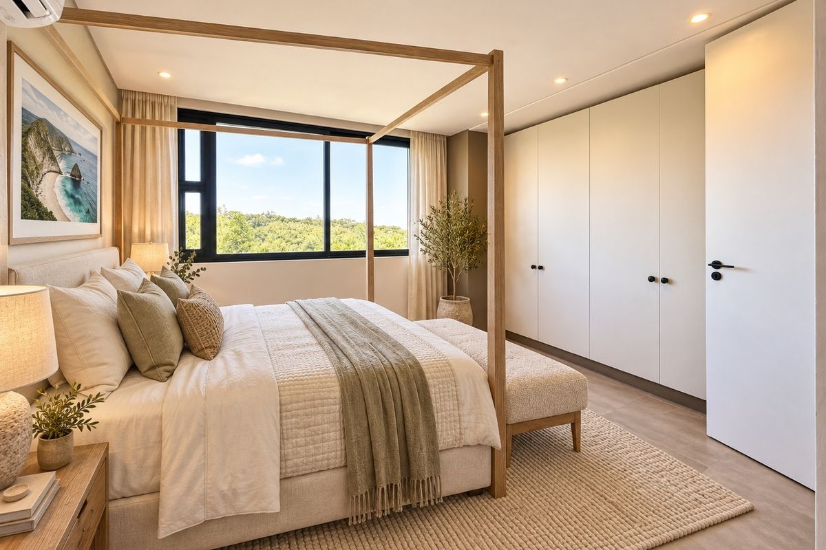 A well-appointed bedroom featuring built-in floor-to-ceiling cupboards, recessed lighting, an air conditioning unit, and a large window with natural light.