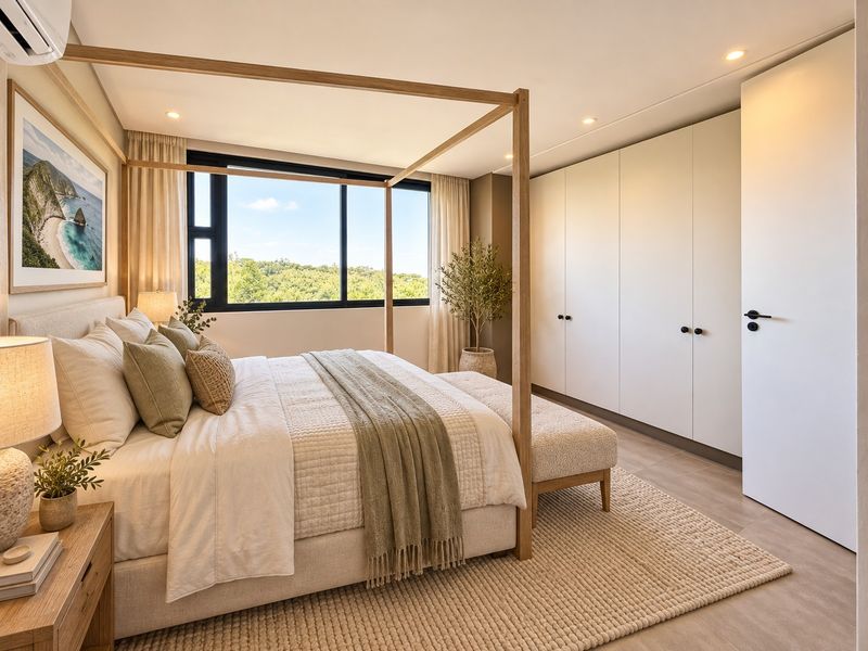 A well-appointed bedroom featuring built-in floor-to-ceiling cupboards, recessed lighting, an air conditioning unit, and a large window with natural light.