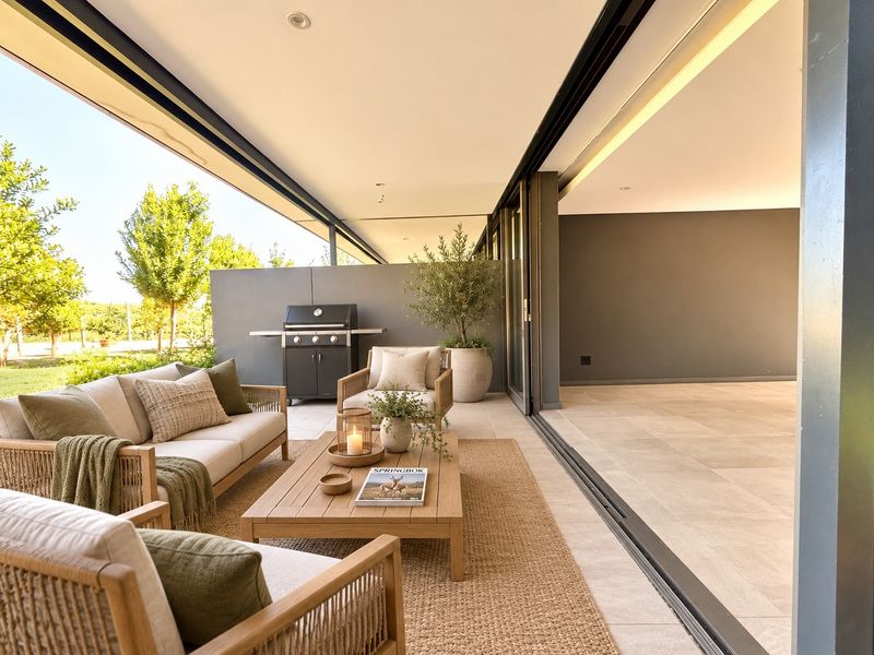 A spacious covered patio featuring large sliding glass doors, modern tiled flooring, and recessed lighting, seamlessly connecting to the interior living space.