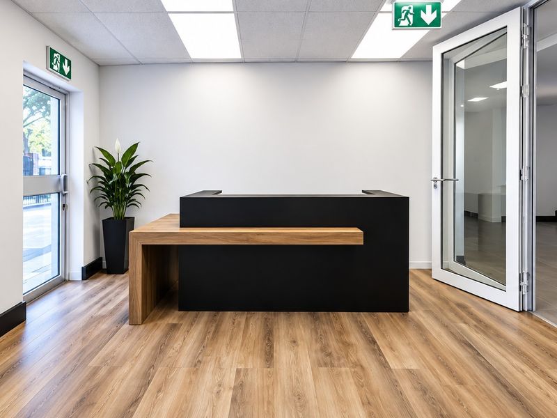 Modern commercial entrance lobby featuring a sleek built-in reception desk, wood-look flooring, and bright recessed lighting with clear access to the stairwell.